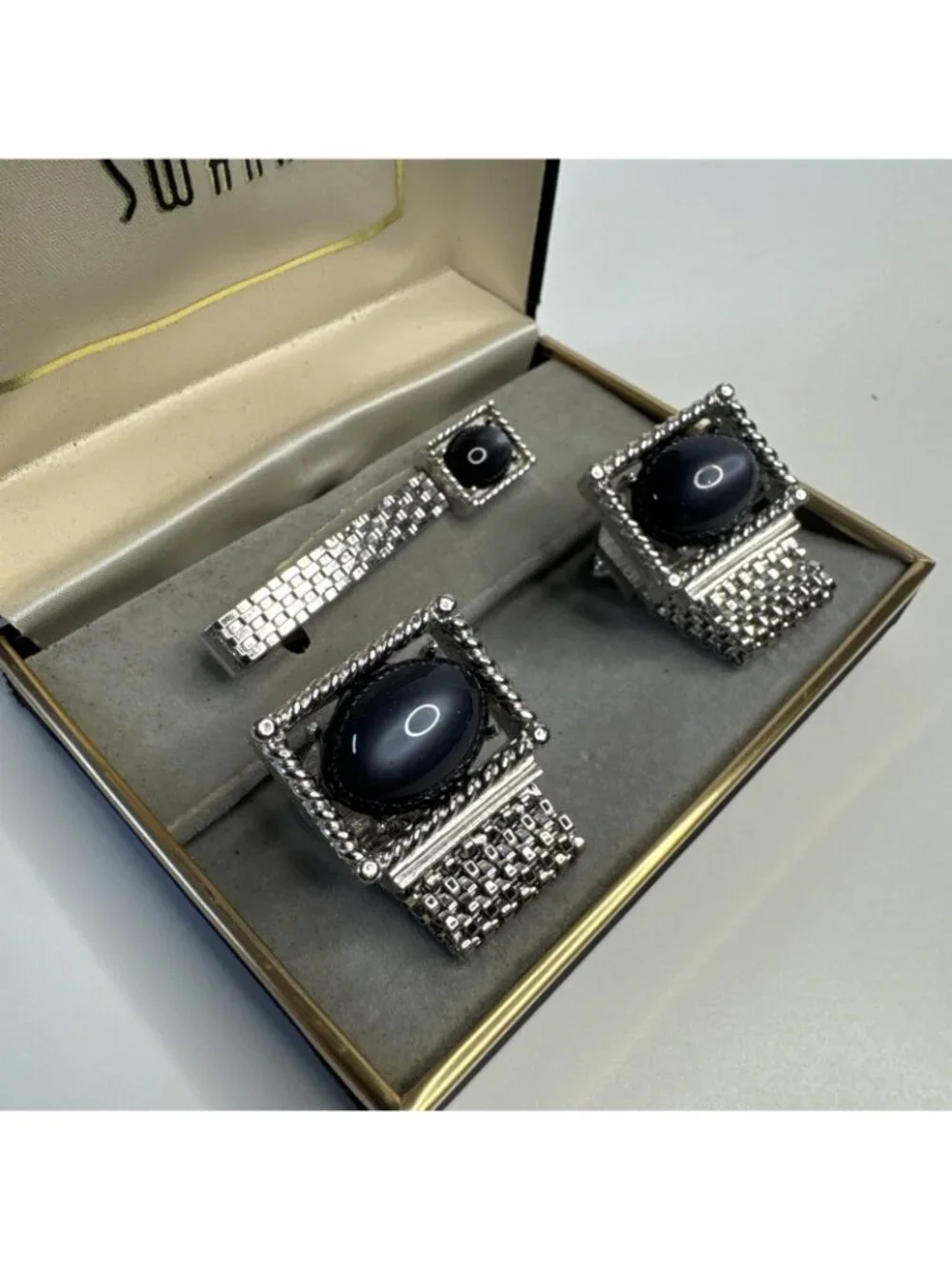 Vintage Swank Blue/Grey Stone Mesh Wrap Cufflinks & Tie Clip Original Box